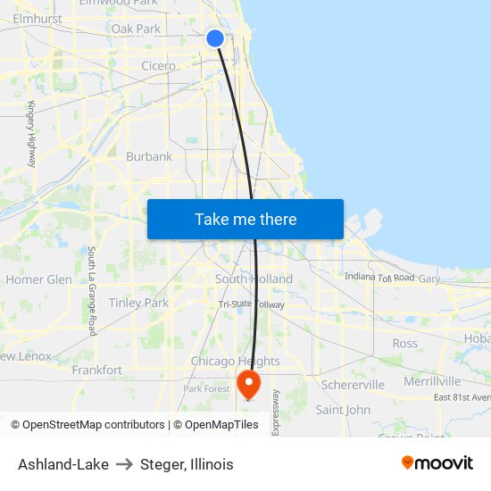 Ashland-Lake to Steger, Illinois map