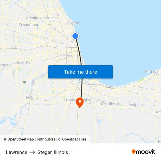 Lawrence to Steger, Illinois map