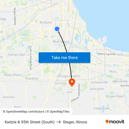 Kedzie & 95th Street (South) to Steger, Illinois map