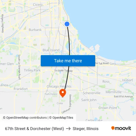 67th Street & Dorchester (West) to Steger, Illinois map