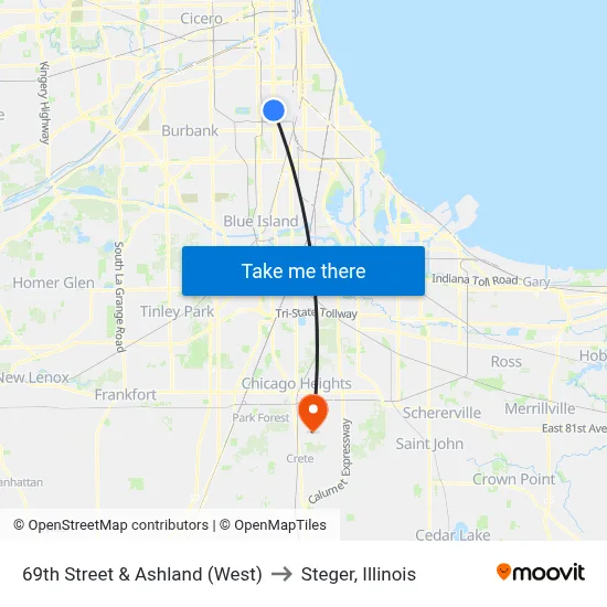 69th Street & Ashland (West) to Steger, Illinois map