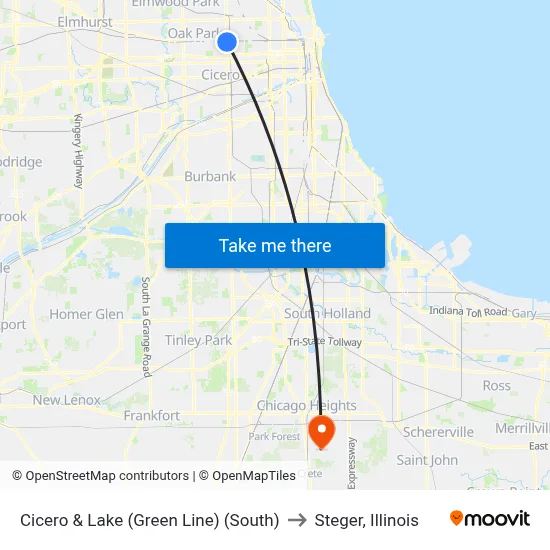 Cicero & Lake (Green Line) (South) to Steger, Illinois map