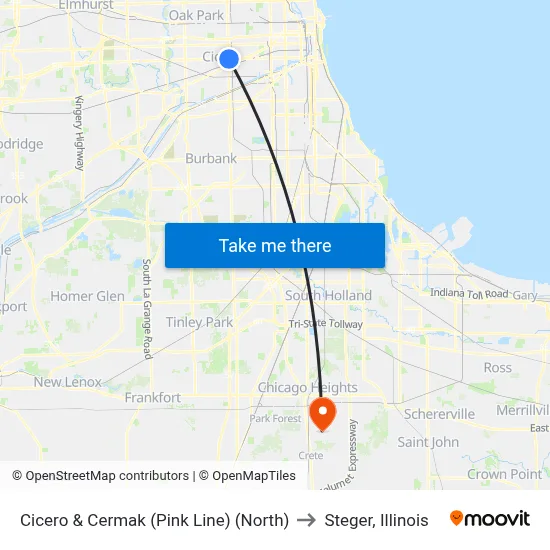 Cicero & Cermak (Pink Line) (North) to Steger, Illinois map