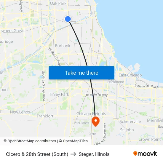 Cicero & 28th Street (South) to Steger, Illinois map