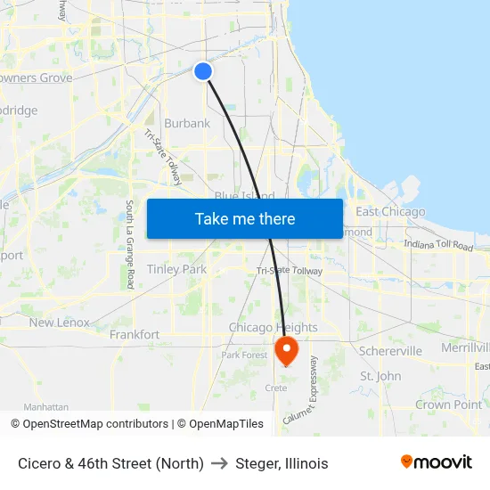 Cicero & 46th Street (North) to Steger, Illinois map