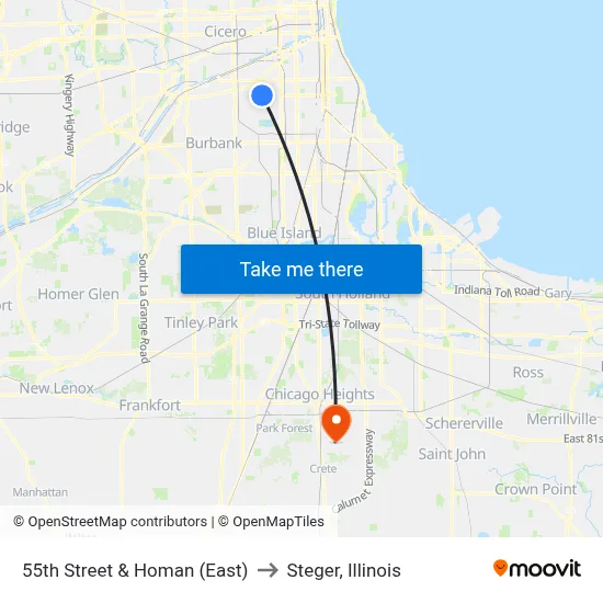 55th Street & Homan (East) to Steger, Illinois map