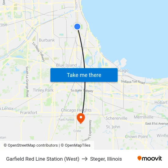 Garfield Red Line Station (West) to Steger, Illinois map