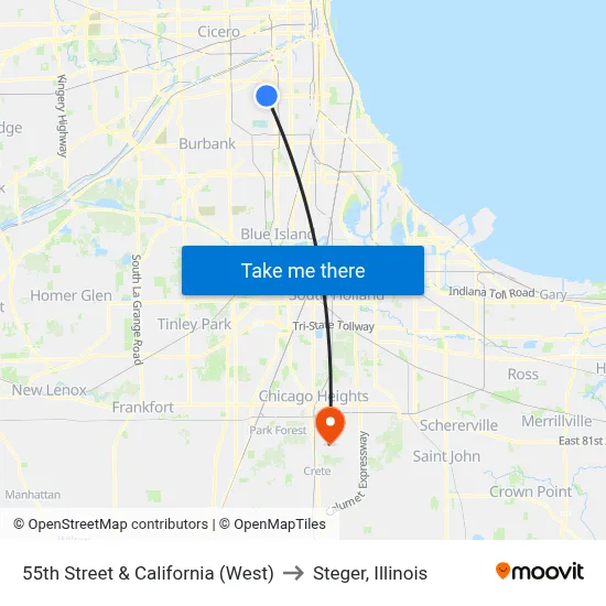 55th Street & California (West) to Steger, Illinois map