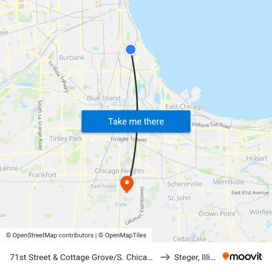 71st Street & Cottage Grove/S. Chicago (East) to Steger, Illinois map
