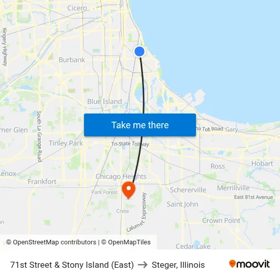 71st Street & Stony Island (East) to Steger, Illinois map