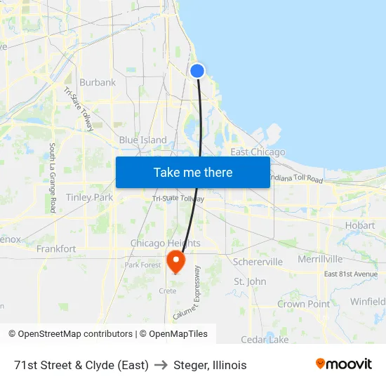 71st Street & Clyde (East) to Steger, Illinois map