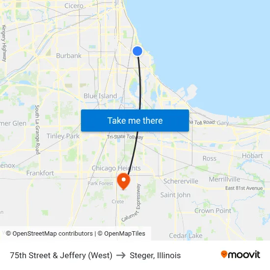 75th Street & Jeffery (West) to Steger, Illinois map