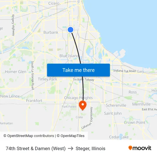 74th Street & Damen (West) to Steger, Illinois map