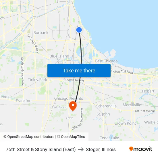 75th Street & Stony Island (East) to Steger, Illinois map