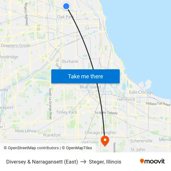 Diversey & Narragansett (East) to Steger, Illinois map