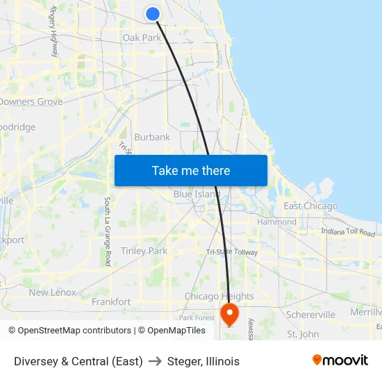 Diversey & Central (East) to Steger, Illinois map