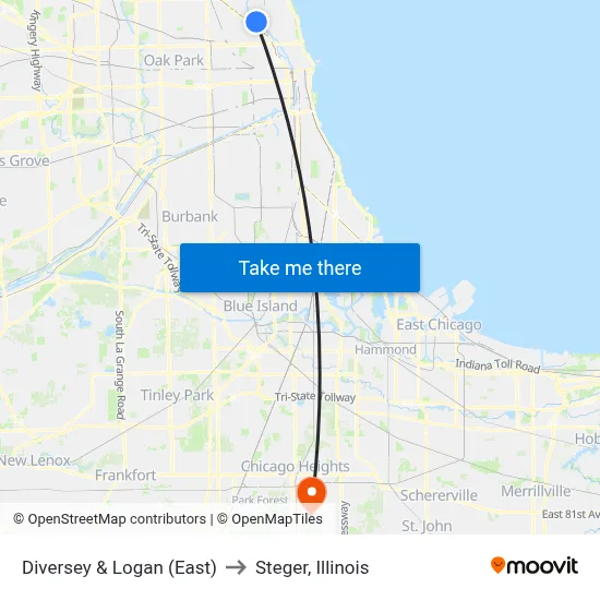 Diversey & Logan (East) to Steger, Illinois map