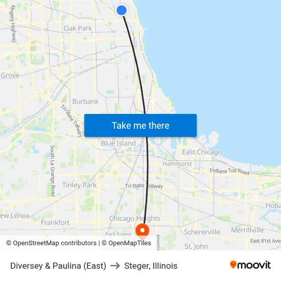 Diversey & Paulina (East) to Steger, Illinois map