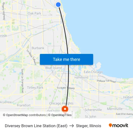 Diversey Brown Line Station (East) to Steger, Illinois map