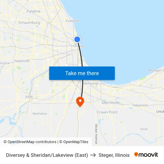 Diversey & Sheridan/Lakeview (East) to Steger, Illinois map