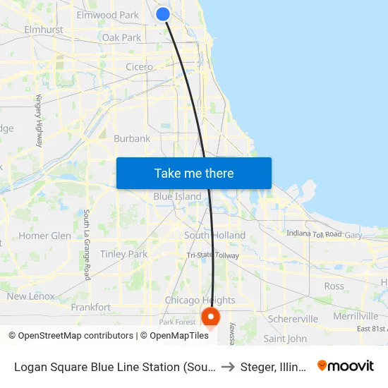Logan Square Blue Line Station (South) to Steger, Illinois map
