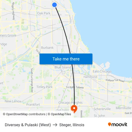 Diversey & Pulaski (West) to Steger, Illinois map