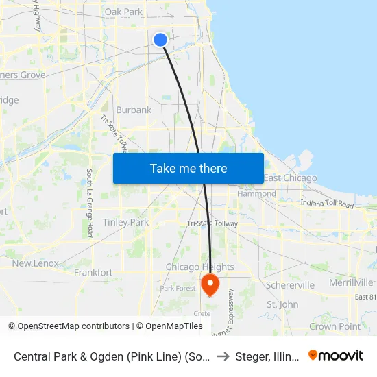 Central Park & Ogden (Pink Line) (South) to Steger, Illinois map