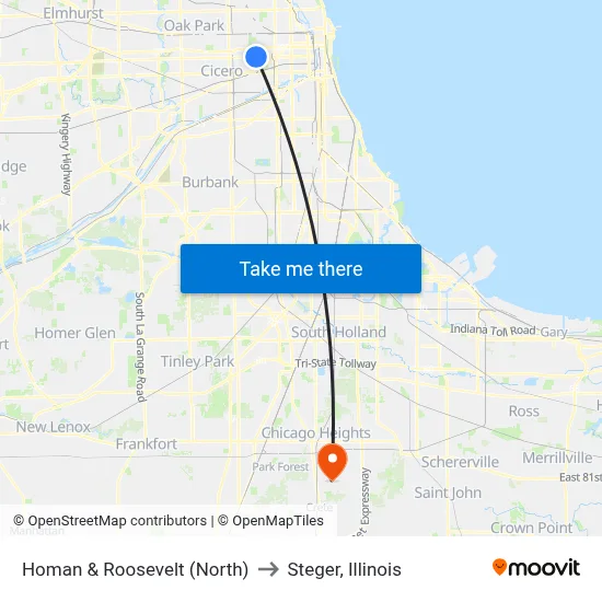 Homan & Roosevelt (North) to Steger, Illinois map