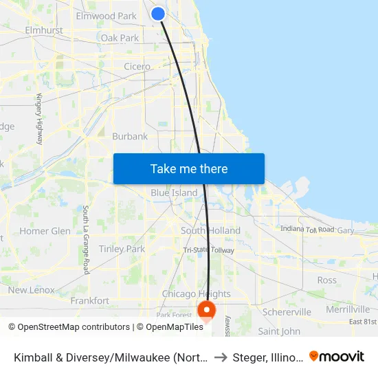 Kimball & Diversey/Milwaukee (North) to Steger, Illinois map
