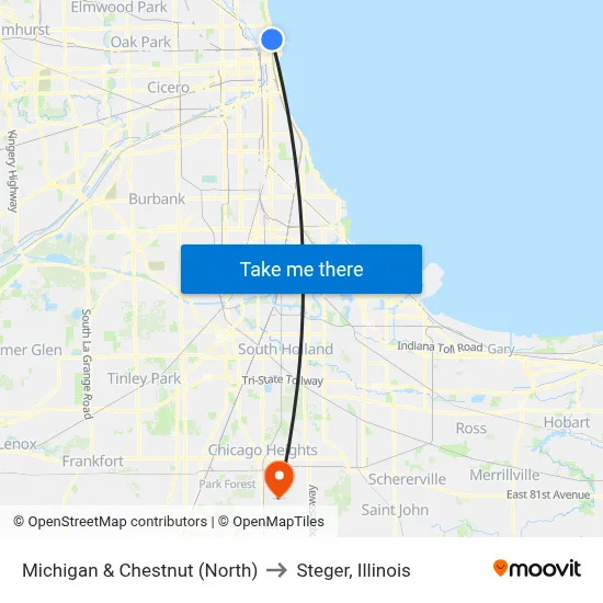 Michigan & Chestnut (North) to Steger, Illinois map