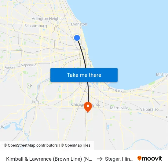 Kimball & Lawrence (Brown Line) (North) to Steger, Illinois map