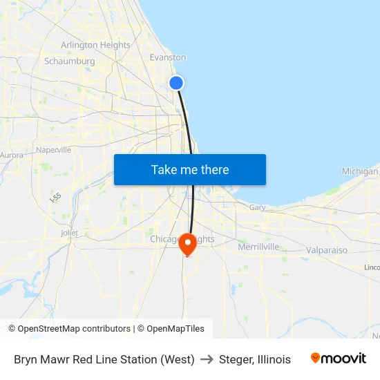 Bryn Mawr Red Line Station (West) to Steger, Illinois map