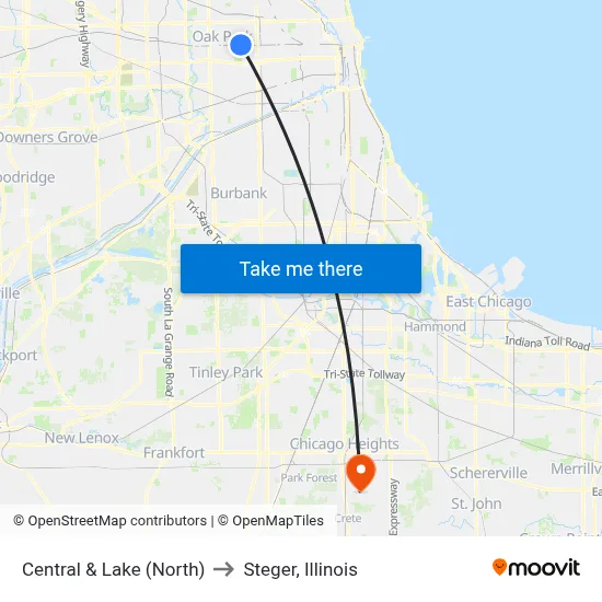 Central & Lake (North) to Steger, Illinois map