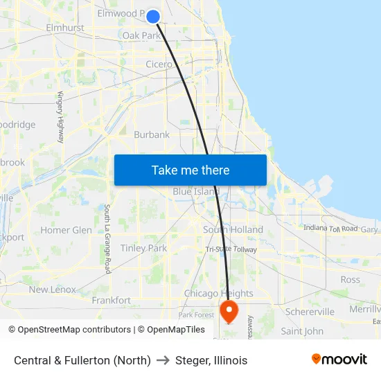 Central & Fullerton (North) to Steger, Illinois map
