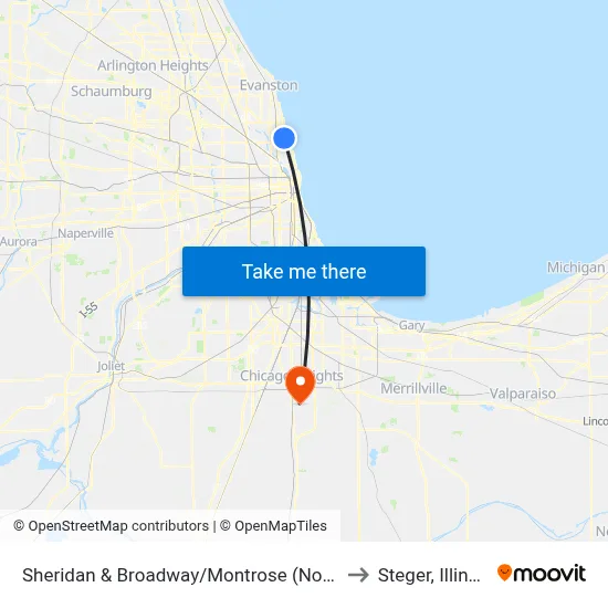 Sheridan & Broadway/Montrose (North) to Steger, Illinois map