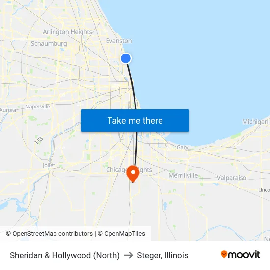 Sheridan & Hollywood (North) to Steger, Illinois map