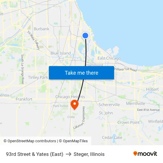 93rd Street & Yates (East) to Steger, Illinois map