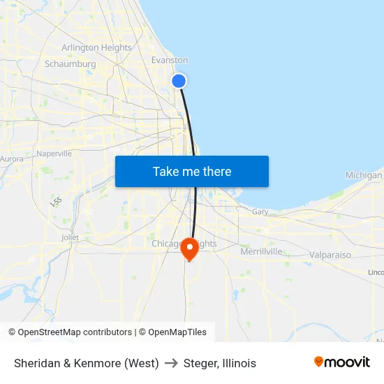 Sheridan & Kenmore (West) to Steger, Illinois map