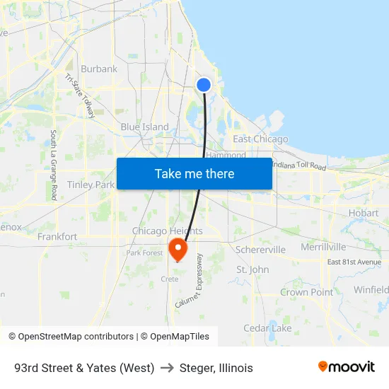 93rd Street & Yates (West) to Steger, Illinois map