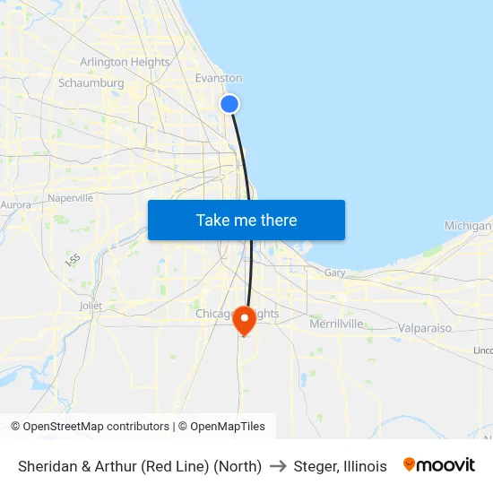 Sheridan & Arthur (Red Line) (North) to Steger, Illinois map