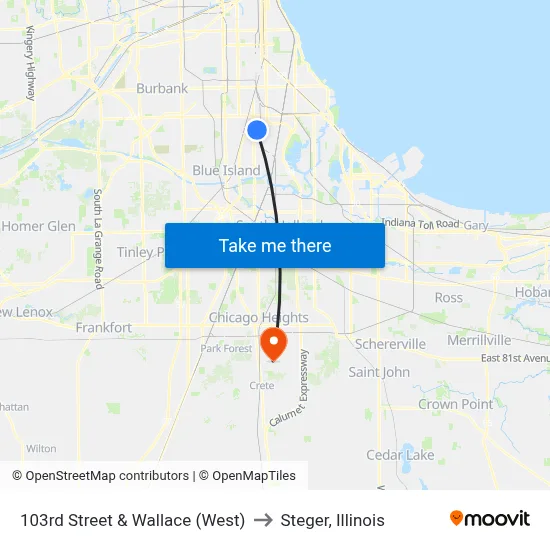 103rd Street & Wallace (West) to Steger, Illinois map