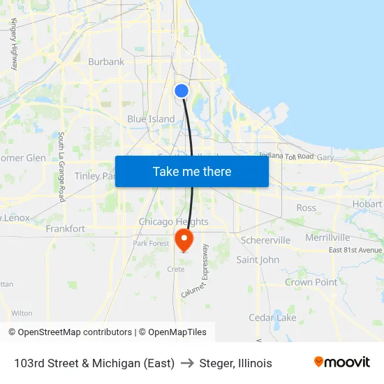 103rd Street & Michigan (East) to Steger, Illinois map