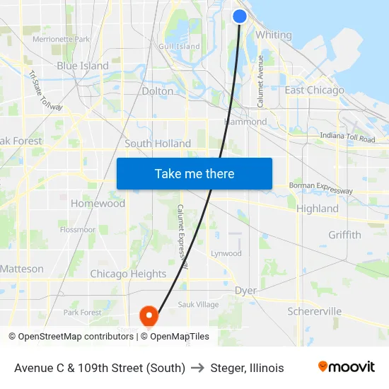 Avenue C & 109th Street (South) to Steger, Illinois map