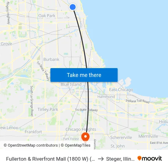 Fullerton & Riverfront Mall (1800 W) (West) to Steger, Illinois map