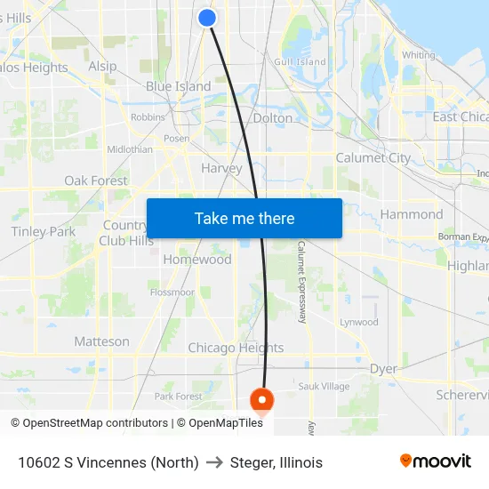 10602 S Vincennes (North) to Steger, Illinois map