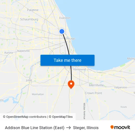 Addison Blue Line Station (East) to Steger, Illinois map
