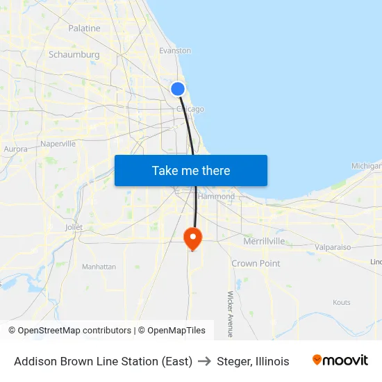 Addison Brown Line Station (East) to Steger, Illinois map