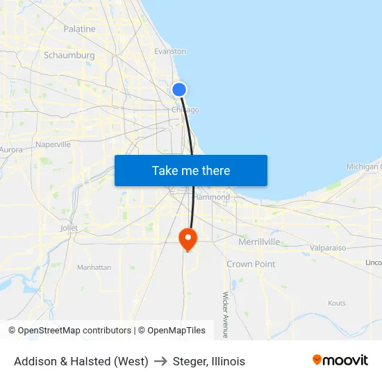 Addison & Halsted (West) to Steger, Illinois map
