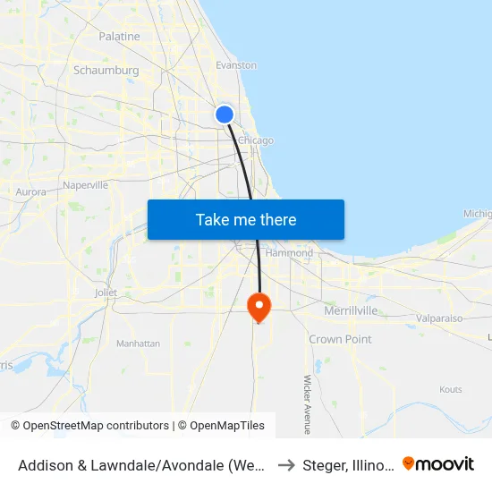Addison & Lawndale/Avondale (West) to Steger, Illinois map