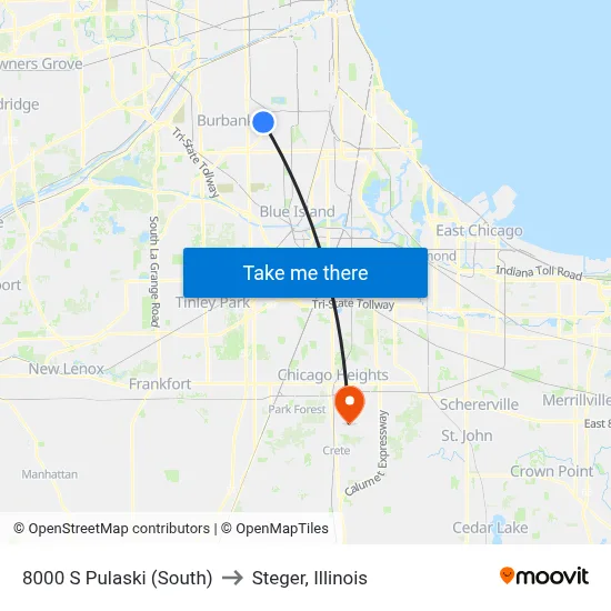 8000 S Pulaski (South) to Steger, Illinois map